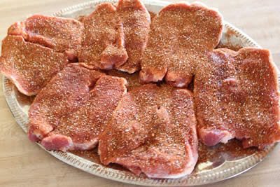 Pork chops coated with Jeff's rub