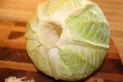 Deep hole notched into cabbage