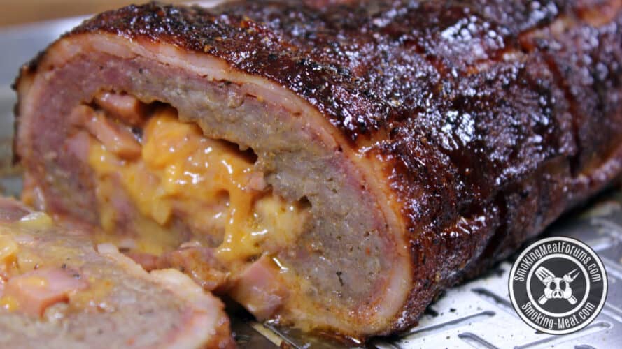 Bacon Wrapped Sausage Fatty: Ham n’ Cheddar
