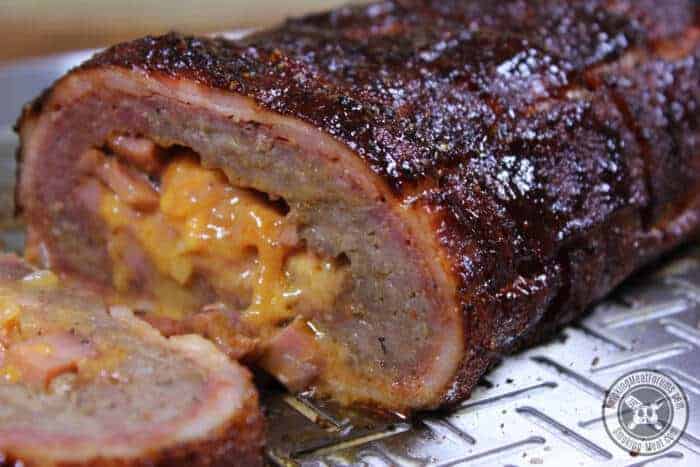 Bacon Wrapped Sausage Fatty: Ham n’ Cheddar