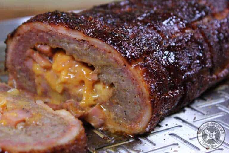 Bacon Wrapped Sausage Fatty: Ham n’ Cheddar