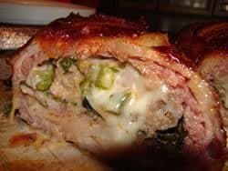 Bacon Wrapped Sausage Fatty Stuffed with Cheese, Spinach, Onions and Jalapeno