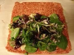 Cheese, Onions, Jalapenos and Spinach on Sausage Square