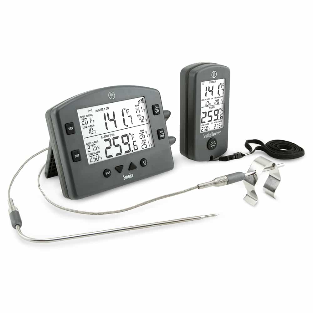 Charcoal ThermoWorks Smoke thermometer with its handheld receiver, meat probe and air probe