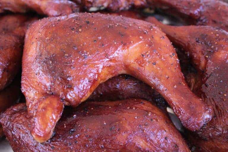 Smoked Chicken Quarters with Beer BBQ Sauce Glaze